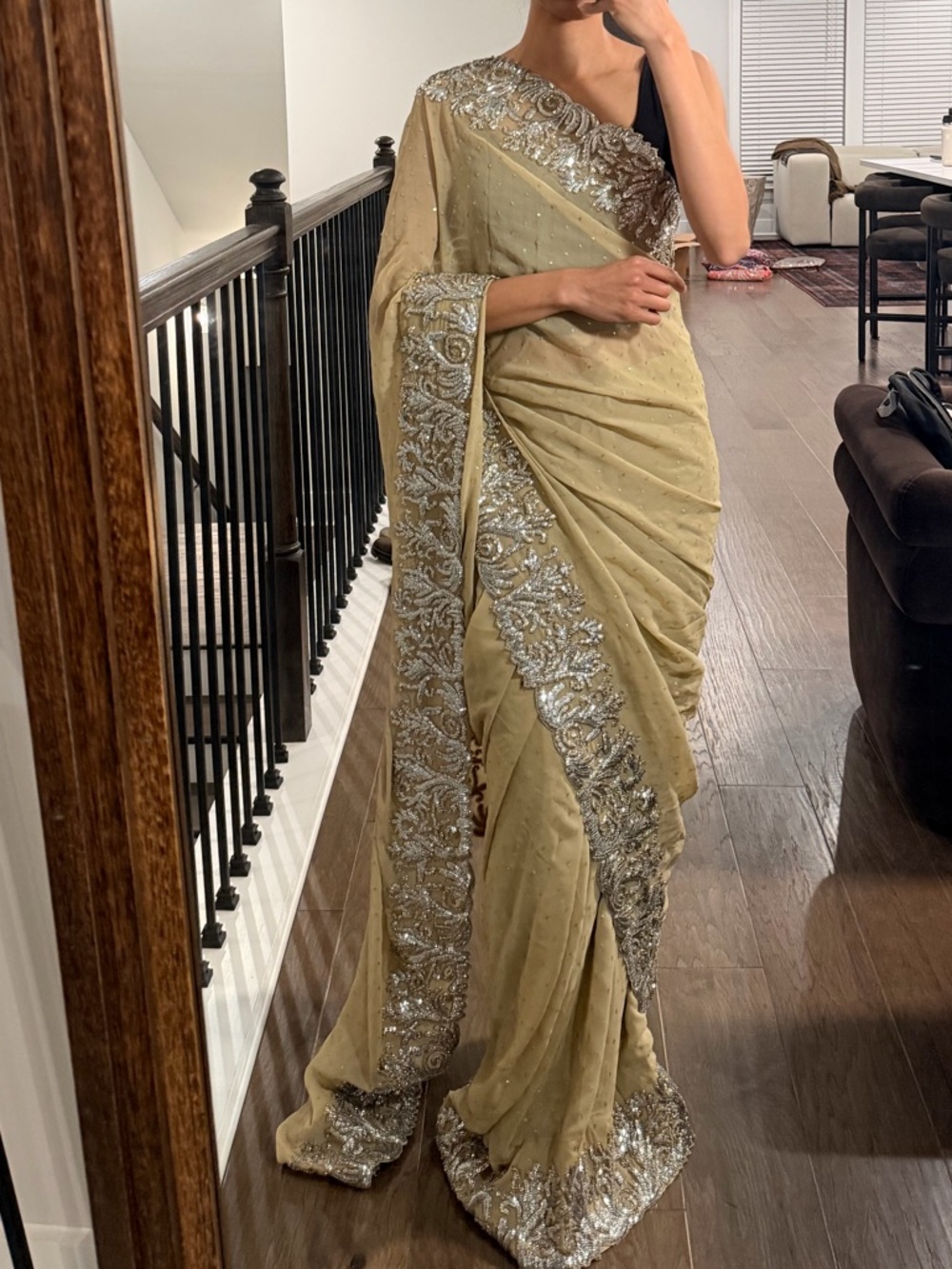 Embellished Beige Saree with Silver Embroidery - Indian and Pakistani Saree